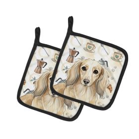 Longhaired Cream Dachshund Coffee Bar Pair of Pot Holders Pair 7.5x7.5 Quilted Insulated Hot Pads Decorative Kitchen Gift Made in USA
