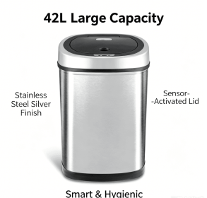 42L Stainless Steel Automatic Sensor Trash Can, Touchless Motion Sensor Garbage Bin with Lid