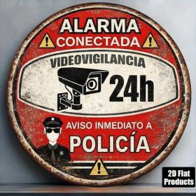 Vintage Spanish 24-Hour Video Surveillance Alarm Round Sign (Option: Tin)