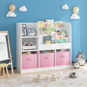 Kids Bookcase and Bookshelf, Multifunctional Bookcase with 3 Collapsible Fabric Drawers, Bookcase Display Stand, Toy Storage Organizer for Bedroo (Option: White+Pink)