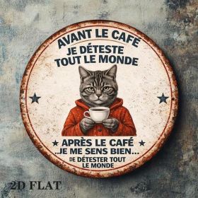 8x8in Vintage French Lover Cat Round Metal Sign Cafe Wall Decor (Option: Tin)