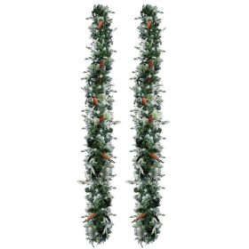 2 Pack 9FT Pre-lit Snow Flocked Christmas Garland, Lighted Artificial Xmas Garland With 200 Warm Lights And 440 Tips And Red Berries, For Front D (Option: defaulttitle)